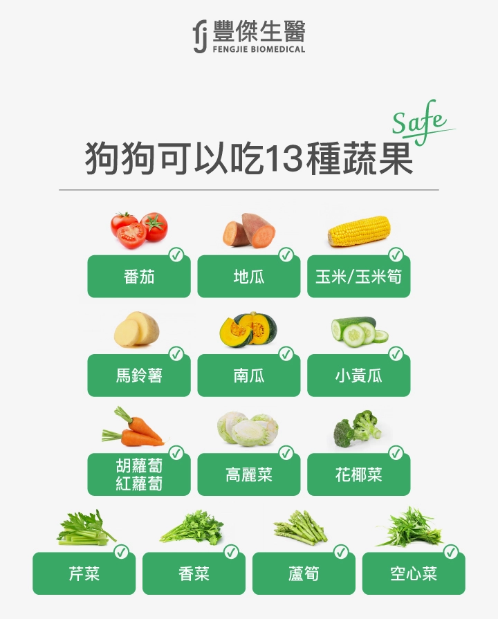 狗狗可以吃的13種蔬果:番茄、地瓜、玉米、馬鈴薯、南瓜、小黃瓜、胡蘿蔔、高麗菜、花椰菜、芹菜、香菜、蘆筍、空心菜。
