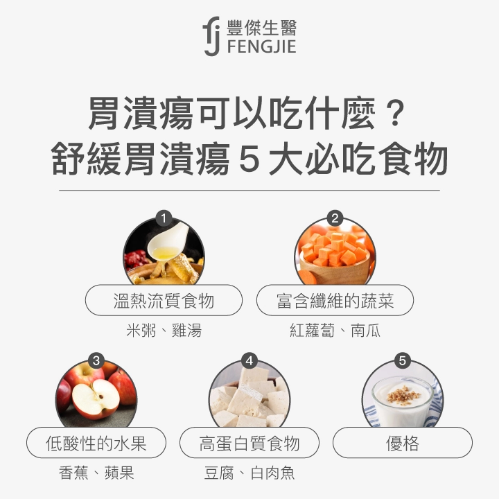 胃潰瘍可以吃什麼？舒緩胃潰瘍5大必吃食物：溫熱流質食物、富含纖維的蔬菜、低酸性的水果、高蛋白質食物、優格