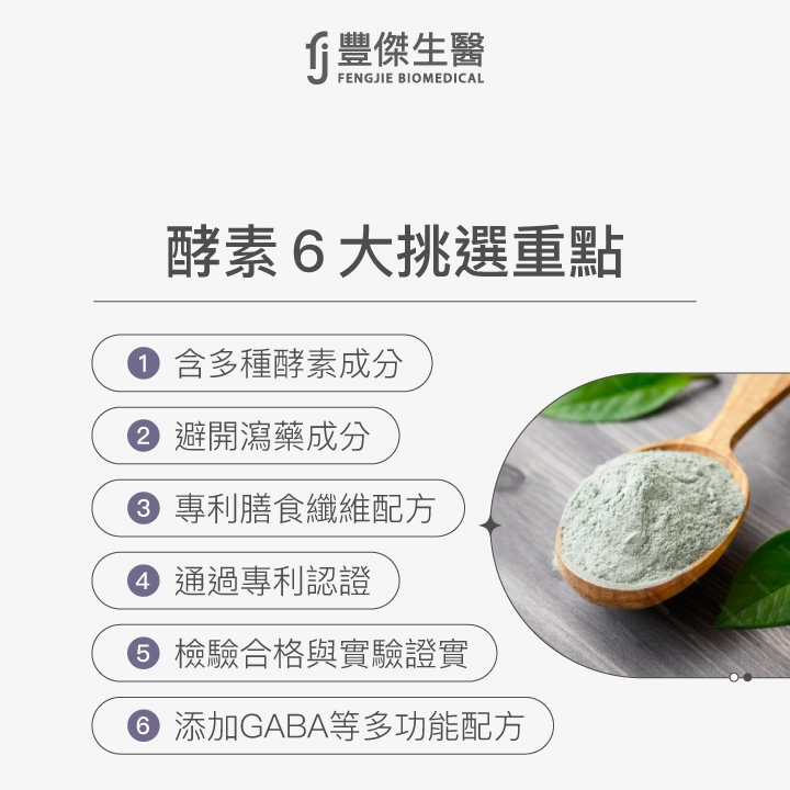 酵素挑選6大重點,包括含多種酵素成分、避免瀉藥成分、專利膳食纖維配方、通過專利認證、檢驗合格與實驗證實,以及添加GABA等多功能配方。