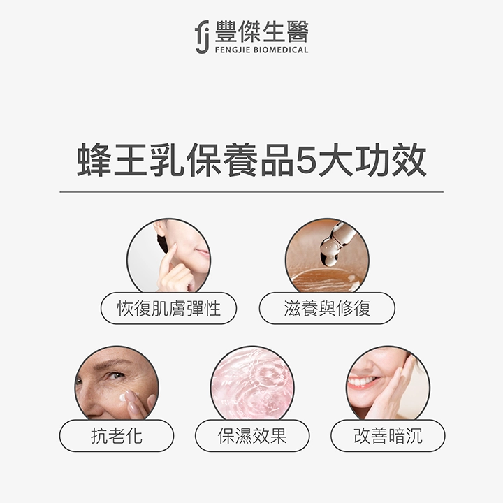 蜂王乳保養品5大功效:1. 抗老化、2. 滋養與修復、3. 恢復肌膚彈性、4. 保濕效果、5. 改善暗沉