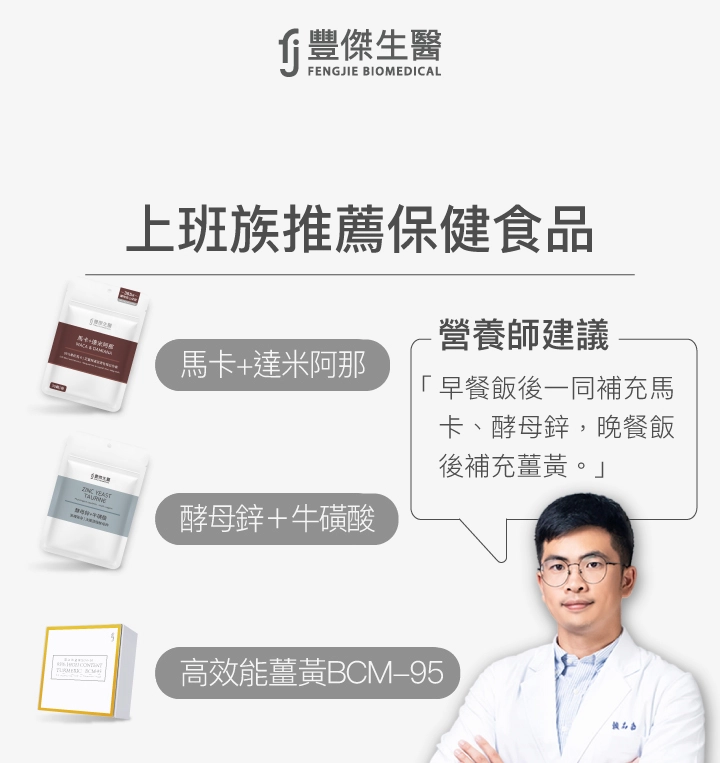 上班族推薦保健食品：馬卡＋達米阿那、酵母鋅＋牛磺酸、高效能薑黃BCM-95