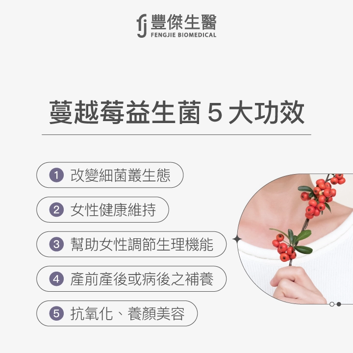 蔓越莓益生菌5大功效:改變細菌叢生態、女性健康維持、幫助女性調節生理機能、產前產後或病後之補養、抗氧化養顏美容。