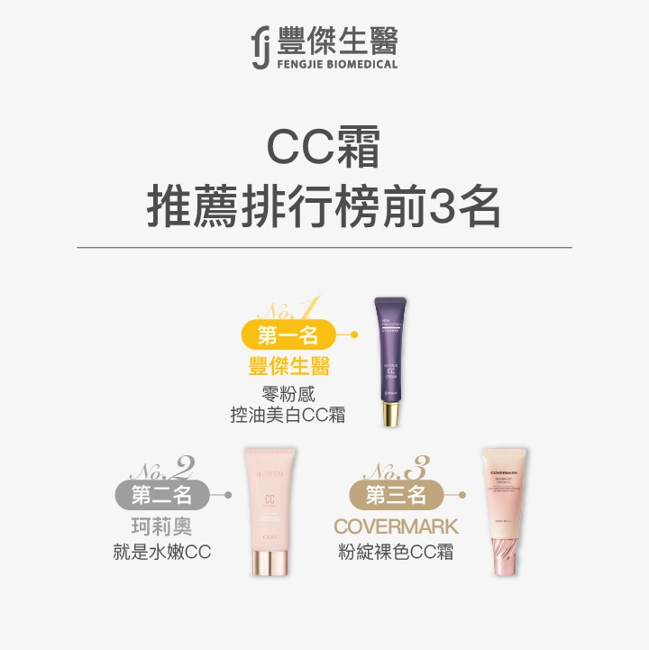 CC霜推薦排行榜前3名：豐傑生醫【零粉感控油美白CC霜】、珂莉奧【就是水嫩CC】、COVERMARK【粉綻裸色CC霜】