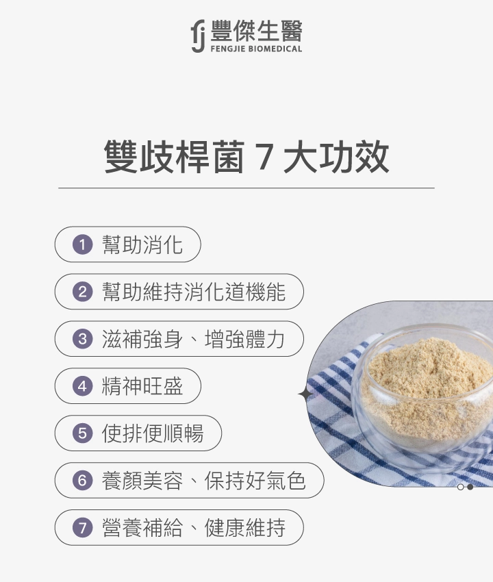 雙歧桿菌7大功效，包括幫助消化、幫助維持消化道機能、滋補強身增強體力、精神旺盛、使排便順暢、養顏美容保持好氣色、營養補給與健康維持。