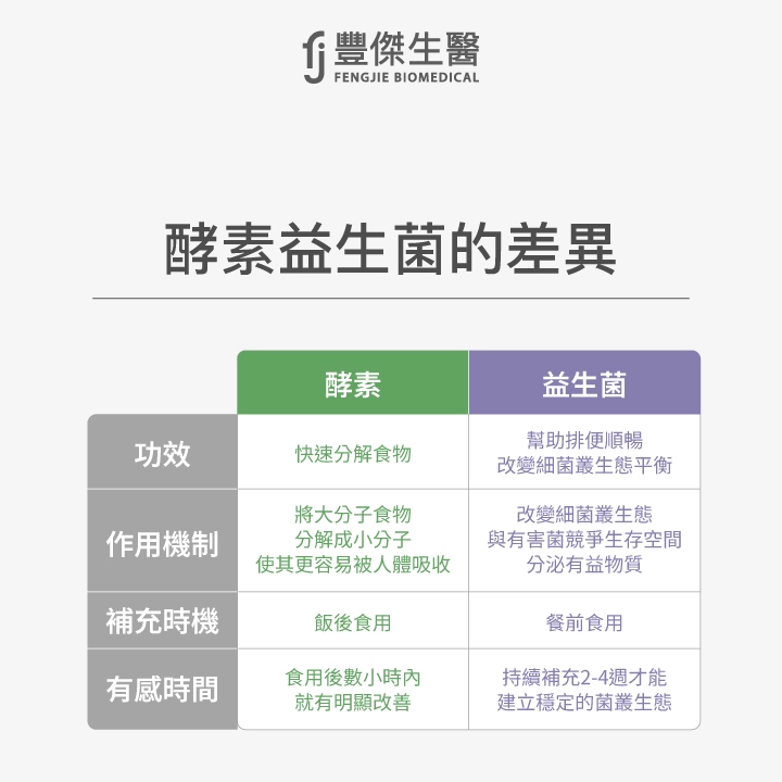 酵素與益生菌的差異比較,酵素功效是快速分解食物,作用機制為將大分子食物分解成小分子以利吸收,適合飯後食用,有感時間為數小時內;益生菌功效是幫助排便順暢並改變細菌叢生態平衡,作用機制為與有害菌競爭生存空間並分泌有益物質,適合餐前食用,有感時間需持續補充2至4週。