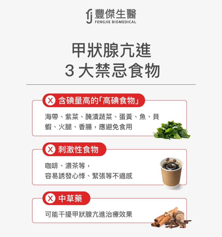 甲狀腺亢進3大禁忌食物:① 含碘量高的高碘食物(如海帶、紫菜、醃漬蔬菜、蛋黃、魚、貝蝦、火腿、香腸),② 刺激性食物(咖啡、濃茶,易引發心悸與緊張),③ 中草藥(可能干擾甲狀腺亢進治療效果)。
