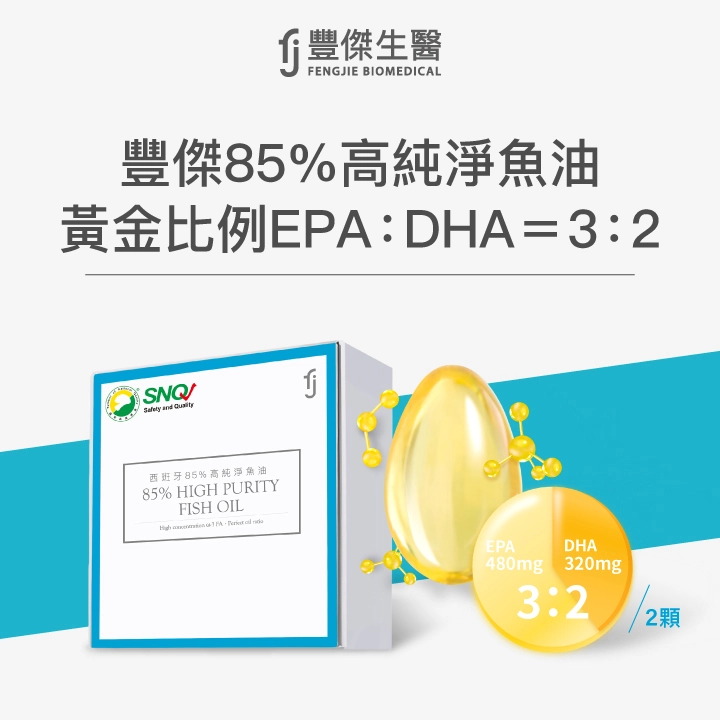 豐傑85%高純淨魚油產品圖,強調EPA與DHA黃金比例3:2,每2顆含EPA 480mg、DHA 320mg,具SNQ標章認證。