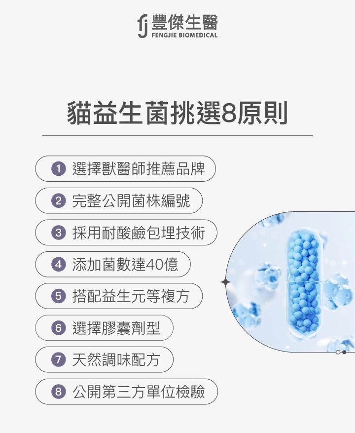 貓益生菌8大原則：1. 選擇獸醫師推薦品牌 2. 完整公開菌株編號 3. 採用耐酸鹼包埋技術 4. 添加菌數達40億 5. 搭配益生元等複方 6. 選擇膠囊劑型 7. 天然調味配方 8. 公開第三方單位檢驗