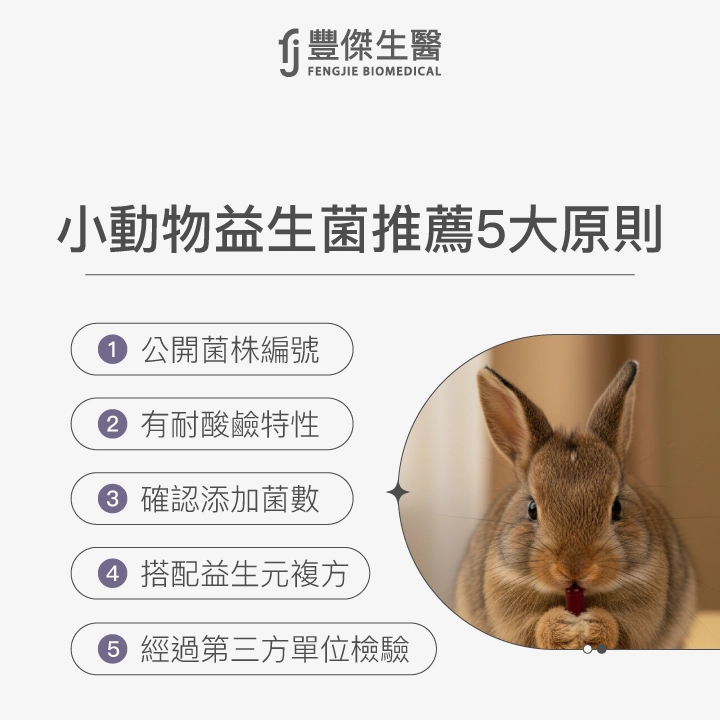 小動物益生菌推薦5大原則：1.公開菌株編號,2.有耐酸鹼特性,3.確認添加菌數,4.搭配益生元複方,5.經過第三方單位檢驗