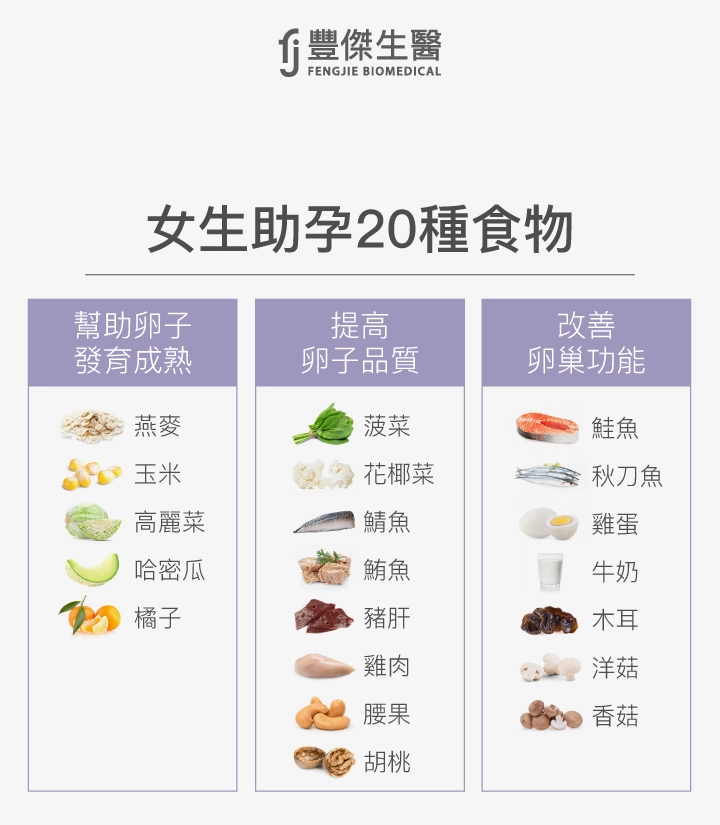 女生助孕20種食物:幫助卵子發育成熟(燕麥、玉米、高麗菜、哈密瓜、橘子);提高卵子品質(菠菜、花椰菜、鯖魚、鮪魚、豬肝、雞肉、腰果、胡桃);改善卵巢功能(鮭魚、秋刀魚、雞蛋、牛奶、木耳、洋菇、香菇)。
