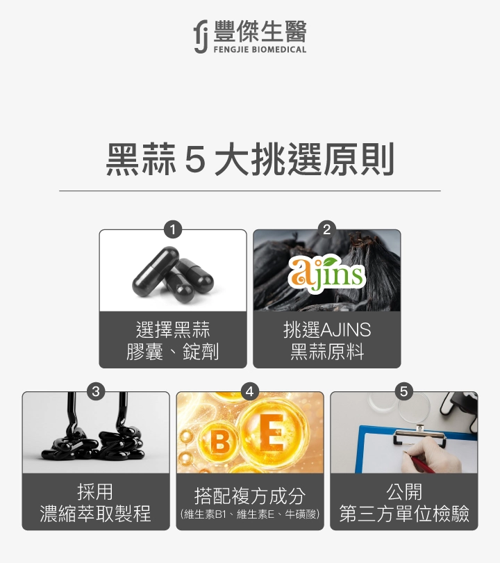 黑蒜5大挑選原則：1. 選擇黑蒜膠囊、錠劑 2. 挑選AJINS黑蒜原料 3. 採用濃縮萃取製程 4. 搭配複方成分（維生素B1、維生素E、牛磺酸） 5. 公開第三方單位檢驗