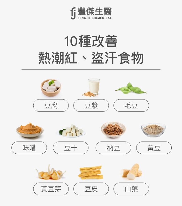 10種改善熱潮紅與盜汗食物:豆腐、豆漿、毛豆、味噌、豆干、納豆、黃豆、黃豆芽、豆皮、山藥