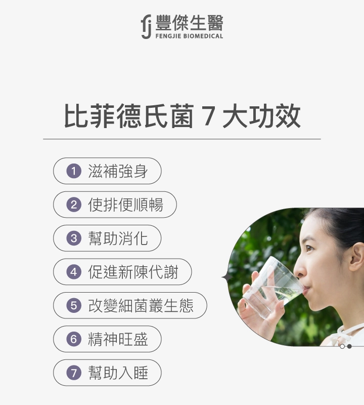 比菲德氏菌7大功效示意圖，包括滋補強身、促進排便、幫助消化、促進新陳代謝、改變細菌叢生態、精神旺盛及幫助入睡，旁邊附有女子喝水照片。