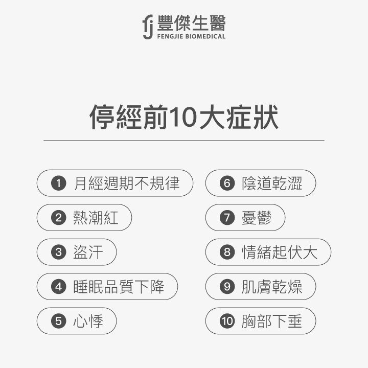 停經前10大症狀:月經週期不規律、熱潮紅、盜汗、睡眠品質下降、心悸、陰道乾澀、憂鬱、情緒起伏大、肌膚乾燥、胸部下垂