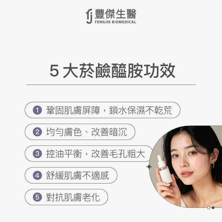 5大菸鹼醯胺功效,包括鞏固肌膚屏障鎖水保濕不乾荒、均勻膚色改善暗沉、控油平衡改善毛孔粗大、舒緩肌膚不適感、對抗肌膚老化。