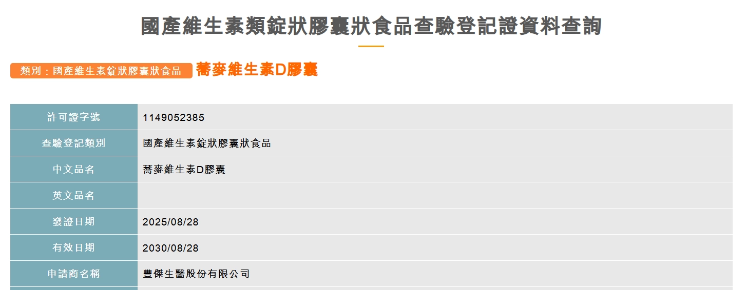 豐傑蕎麥維生素Ｄ為例，經搜尋後確認