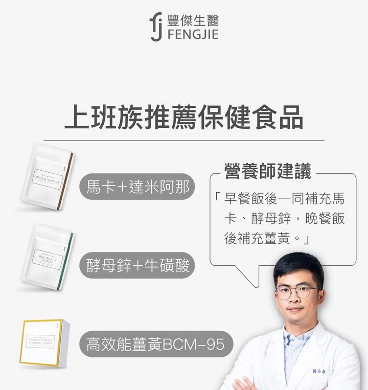 上班族推薦保健食品：馬卡＋達米阿那、酵母鋅＋牛磺酸、高效能薑黃BCM-95