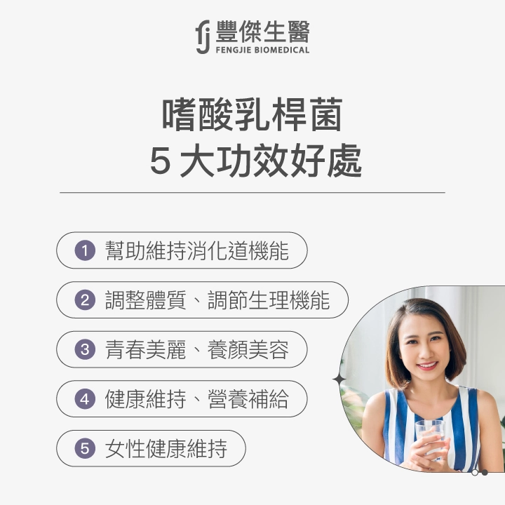 嗜酸乳桿菌5大功效圖解,包含幫助維持消化道機能、調整體質與生理機能、青春美麗養顏美容、健康維持與營養補給、女性健康維持,搭配女性手持飲品微笑照片。