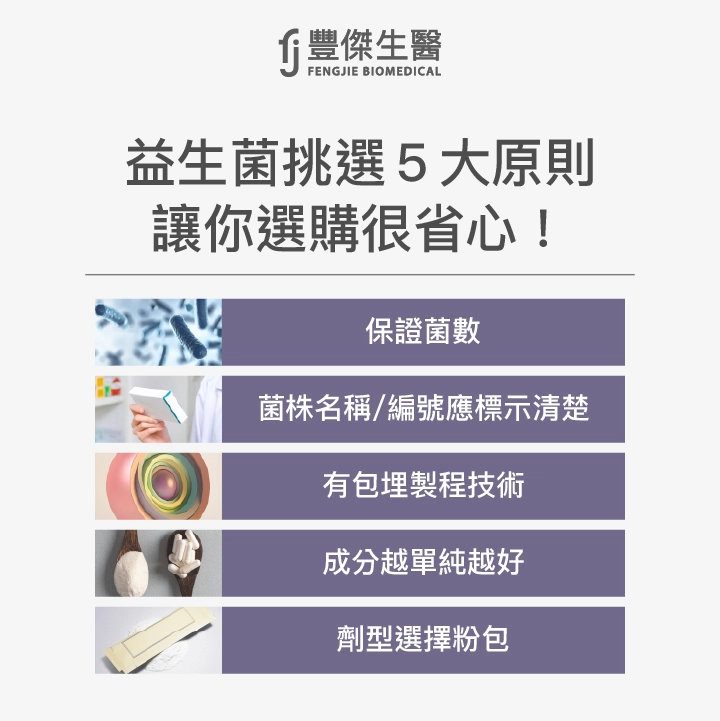 益生菌挑選5大原則：保證菌數、菌株名稱/菌株編號是否標示清楚、益生菌製程技術、成分越單純越好、劑型