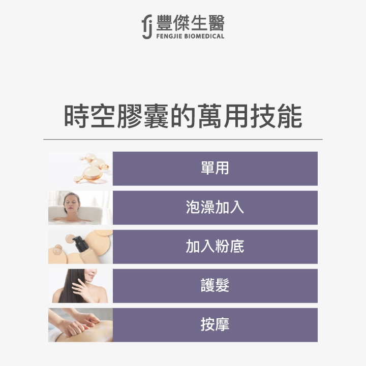 時空膠囊的萬用技能:單用、泡澡時加入、加入粉底中、護髮使用、肌膚按摩使用
