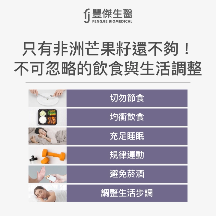 吃非洲芒果籽的同時，也要注意切勿節食、均衡飲食、充足睡眠、規律運動、避免菸酒及調整生活步調