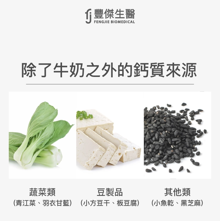 除了牛奶之外的鈣質來源：蔬菜類、豆製品類、其他營養類