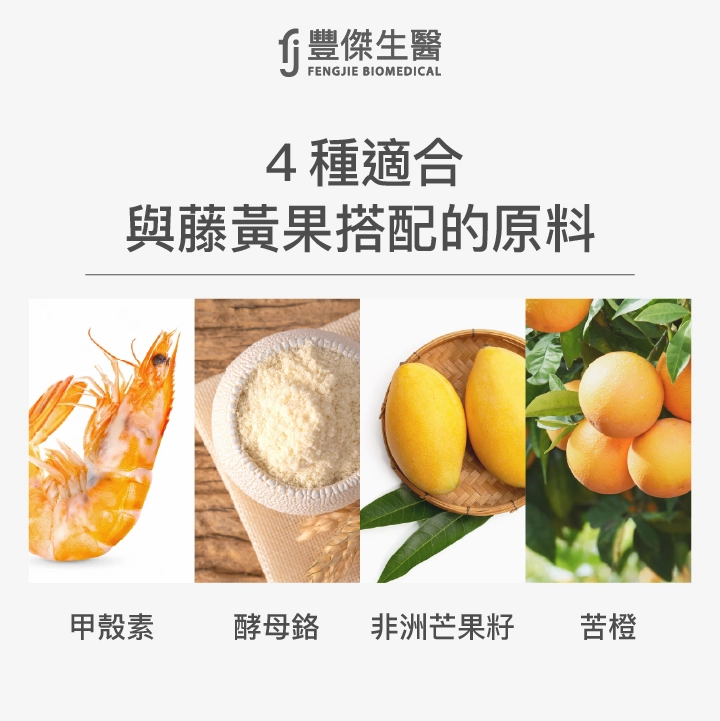 4種適合與藤黃果搭配的原料：甲殼素、酵母鉻、非洲芒果籽、苦橙