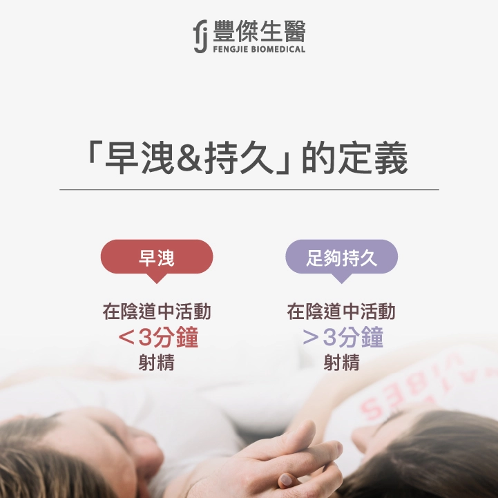 男性早洩和持久的定義：早洩為陰道中小於三分鐘射精。持久為陰道中大於3分鐘射精