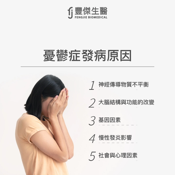 憂鬱症的發病原因：神經傳導物質不平衡、大腦結構與功能的改變、基因因素、慢性發炎影響、社會與心理因素