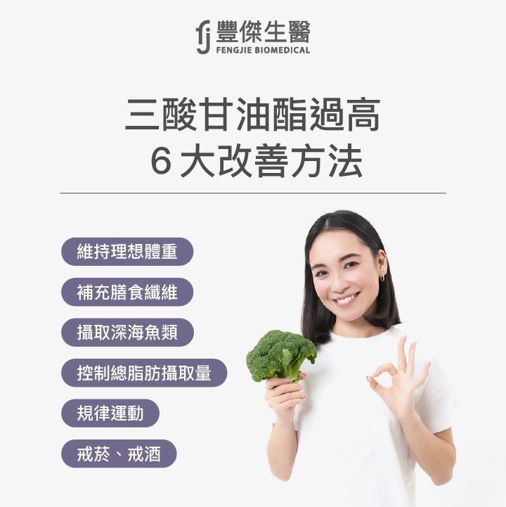 三酸甘油酯過高6大改善方法:維持理想體重、補充膳食纖維、攝取深海魚類、控制總脂肪攝取量、規律運動、戒菸、戒酒