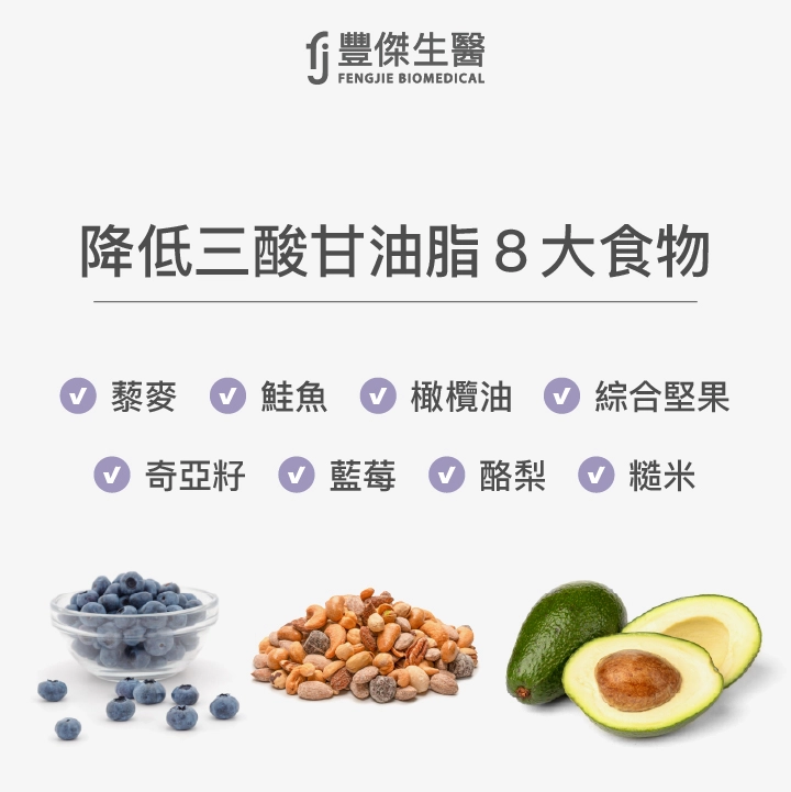 降低三酸甘油脂8大食物:藜麥、鮭魚、橄欖油、綜合堅果、奇亞籽、藍莓、酪梨、糙米