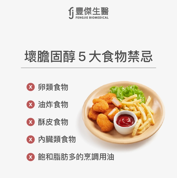 壞膽固醇5大食物禁忌：卵類食物、油炸食物、酥皮食物、內臟類食物、飽和脂肪多的烹調用油