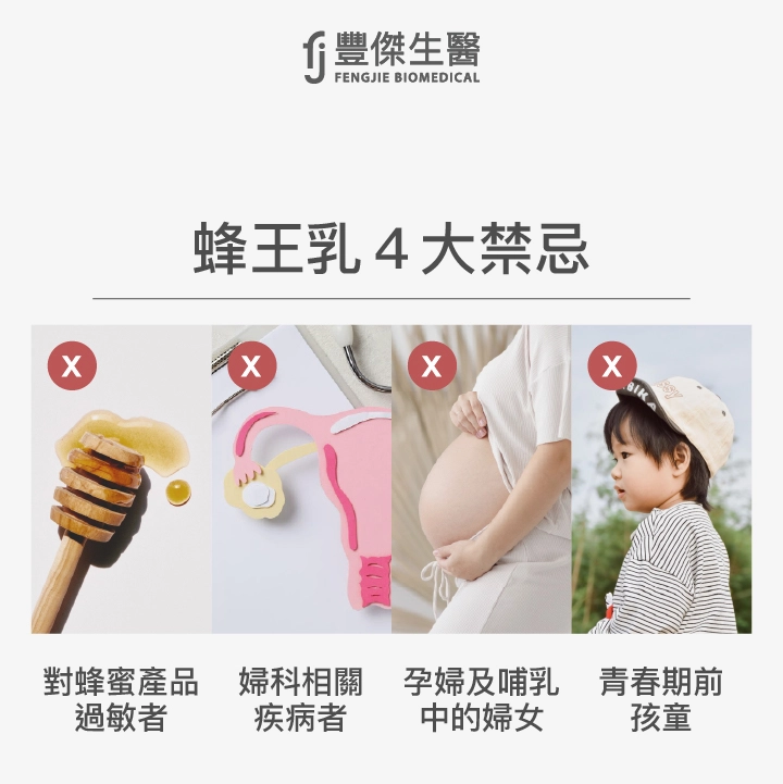 蜂王乳4大禁忌：對蜂蜜產品過敏、婦科相關疾病者、孕婦及哺乳中的婦女、青春期前孩童