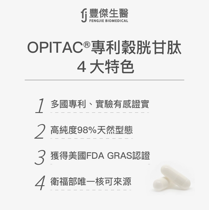 OPITAC®專利穀胱甘肽4大特色:多國專利、實驗有感證實、高純度98%天然型態、獲得美國FDA GRAS認證、衛福部唯一核可來源