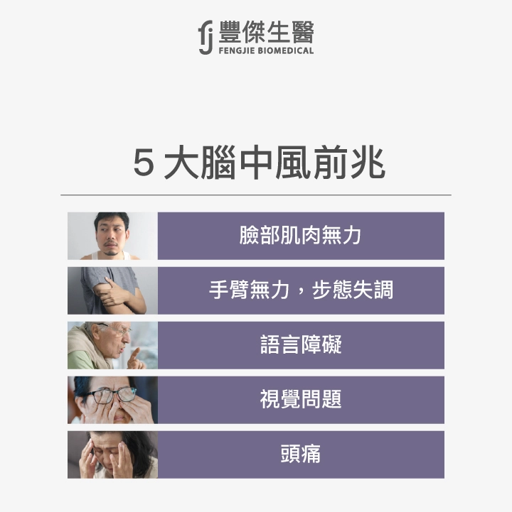 5大腦中風前兆:臉部肌肉無力、手臂無力，步態失調、語言障礙、視覺問題、頭痛