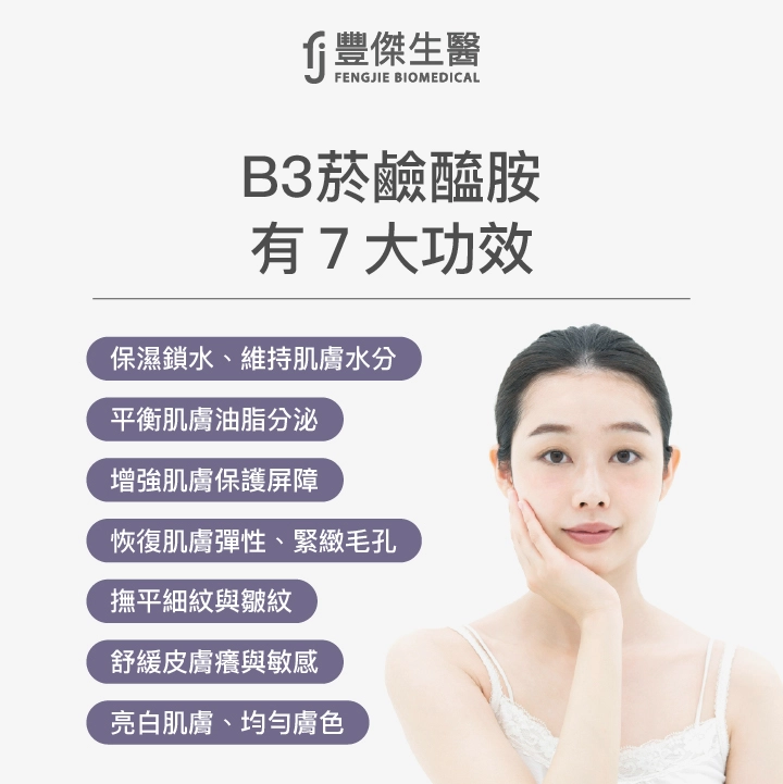 B3菸鹼醯胺7大功效：保濕鎖水、平衡油脂、增加保護屏障、恢復肌膚彈性、撫平細紋、舒緩皮膚敏感、亮白肌膚