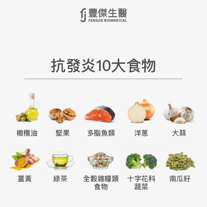 抗發炎9大食物：橄欖油、堅果、多脂魚類、洋蔥、大蒜、薑黃、綠茶、全穀雜糧類食物、十字花科蔬菜、南瓜籽