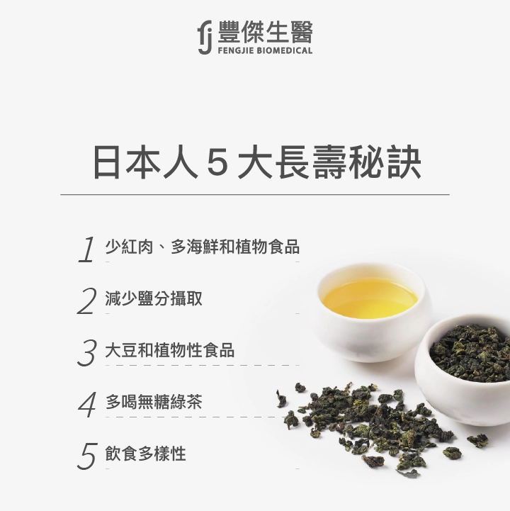 日本人5大長壽秘訣：少紅肉、多海鮮和植物食品、減少鹽分攝取、大都和植物性食品、多喝無糖綠茶、飲食多樣化