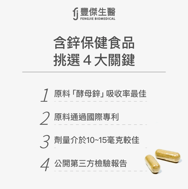 含鋅保健食品挑選4大關鍵：原料「酵母鋅」吸收率最佳、原料通過國際專利、劑量介於10~15毫克較佳、公開第三方檢驗報告