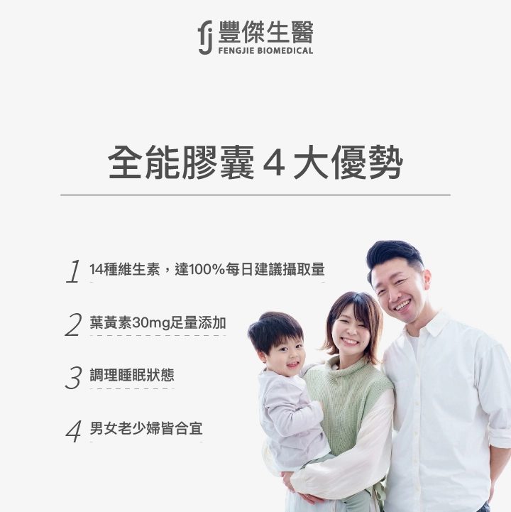 全能膠囊4大優勢：14種維生素，達100%每日建議攝取量、葉黃素30mg足量添加、調理睡眠狀態、男女老少婦皆合宜