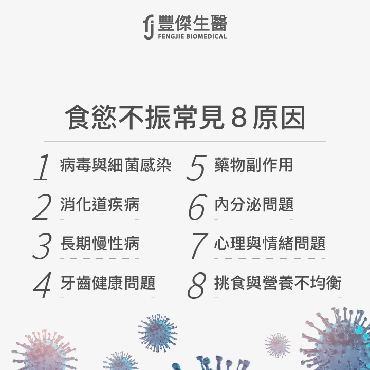 食慾不振常見8原因：病毒與細菌感染、消化道疾病、長期慢性病、牙齒健康問題、藥物副作用、內分泌問題、心理與情緒問題、挑食與營養不均衡