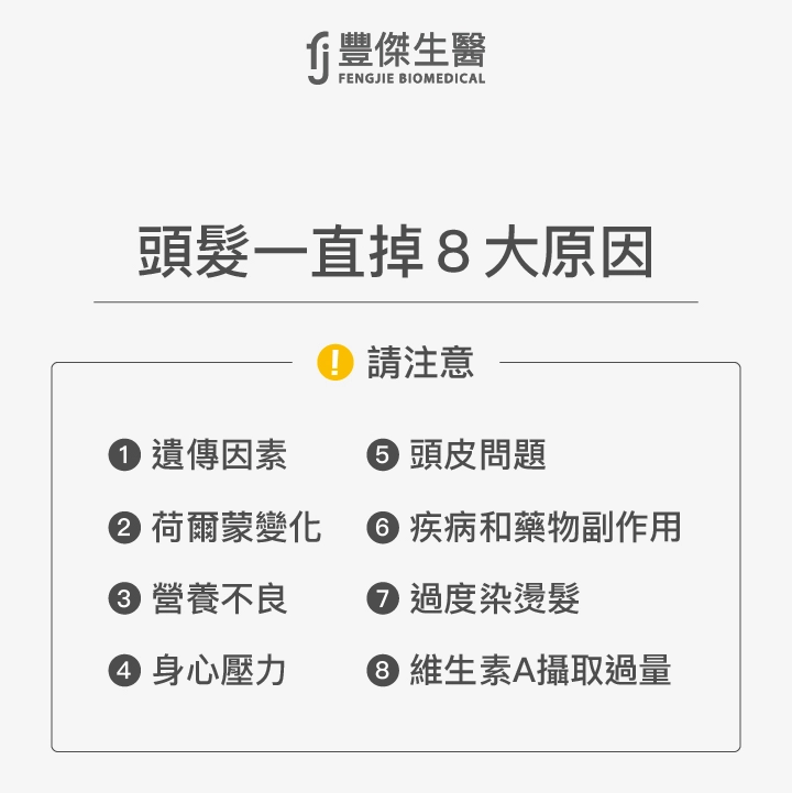 頭髮一直掉8大原因:遺傳因素、荷爾蒙變化、營養不良、身心壓力、頭皮問題、疾病和藥物副作用、過度染燙髮、維生素A攝取過量