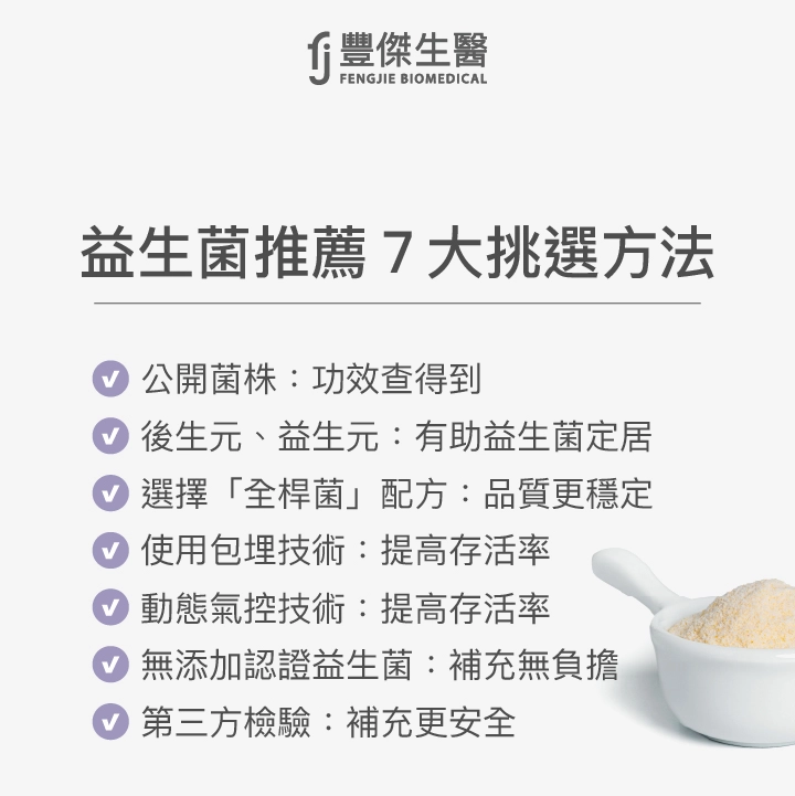 益生菌推薦7大挑選方法：公開菌株：功效查得到、後生元、益生元：有助益生菌定居、選擇「全桿菌」配方：品質更穩定、使用包埋技術：提高存活率、動態氣控技術：提高存活率、無添加認證益生菌：補充無負擔、第三方檢驗：補充更安全