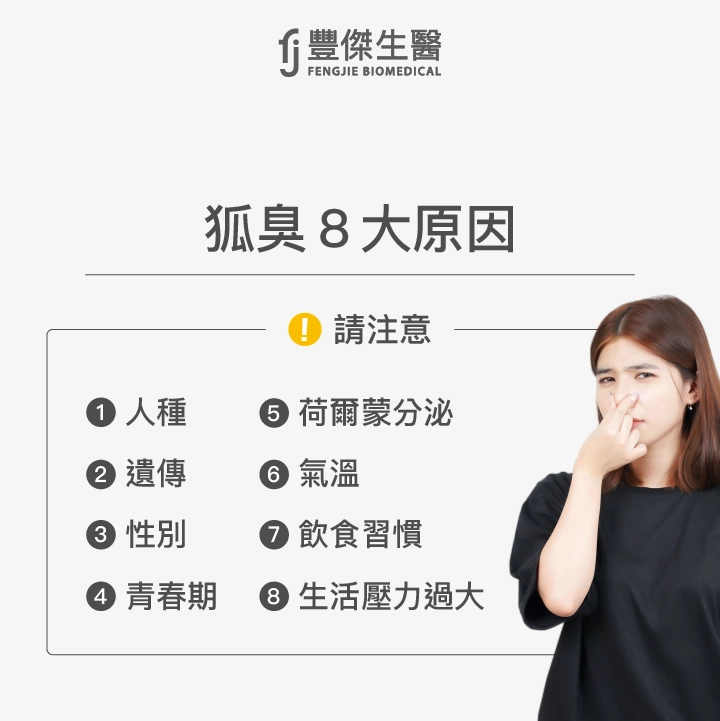狐臭8大原因：人種、遺傳、性別、青春期、荷爾蒙分泌、氣溫、飲食習慣、情緒