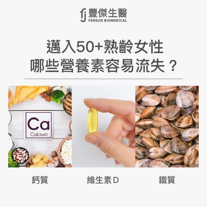 邁入50+熟齡女性容易流失的營養素：鈣質、維生素Ｄ、鐵質