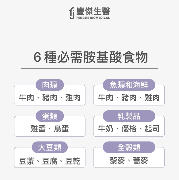 6種必需胺基酸食物：肉類、魚類和海鮮、蛋類、乳製品、大豆類、全穀類
