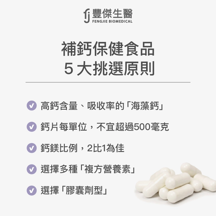補鈣保健食品5大挑選原則：高鈣含量、吸收率的「海藻鈣」、鈣片每單位，不宜超過500毫克、鈣鎂比例，2比1為佳、選擇多種「複方營養素」、選擇「膠囊劑型」