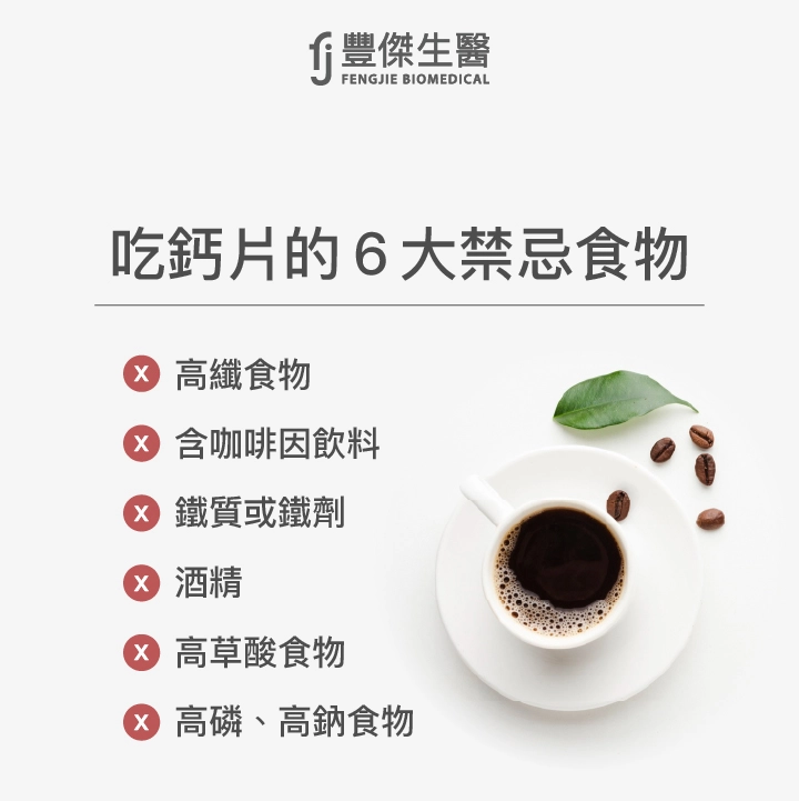 吃鈣片的6大禁忌食物：高纖食物、含咖啡因飲料、鐵質或鐵劑、酒精、高草酸食物、高磷、高鈉食物