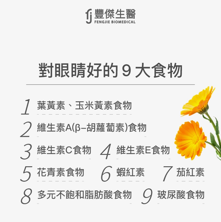 對眼睛好的9大食物:葉黃素、玉米黃素食物、維生素A(β-胡蘿蔔素)食物、維生素C食物、維生素E食物、花青素食物、蝦紅素、茄紅素、多元不飽和脂肪酸食物、玻尿酸食物