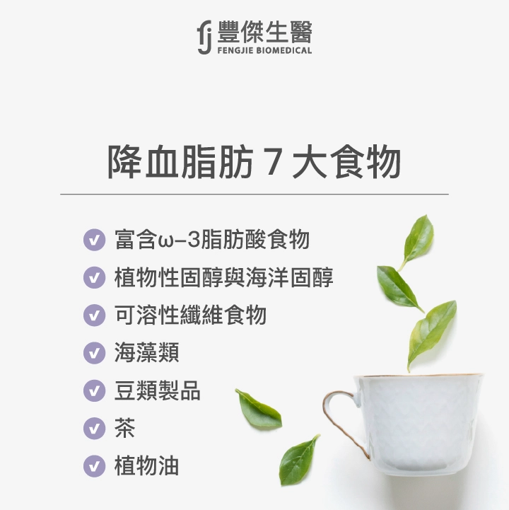 降血脂肪7大食物：富含ω-3脂肪酸食物、植物性固醇與海洋固醇、可溶性纖維食物、海藻類、豆類製品、茶、植物油